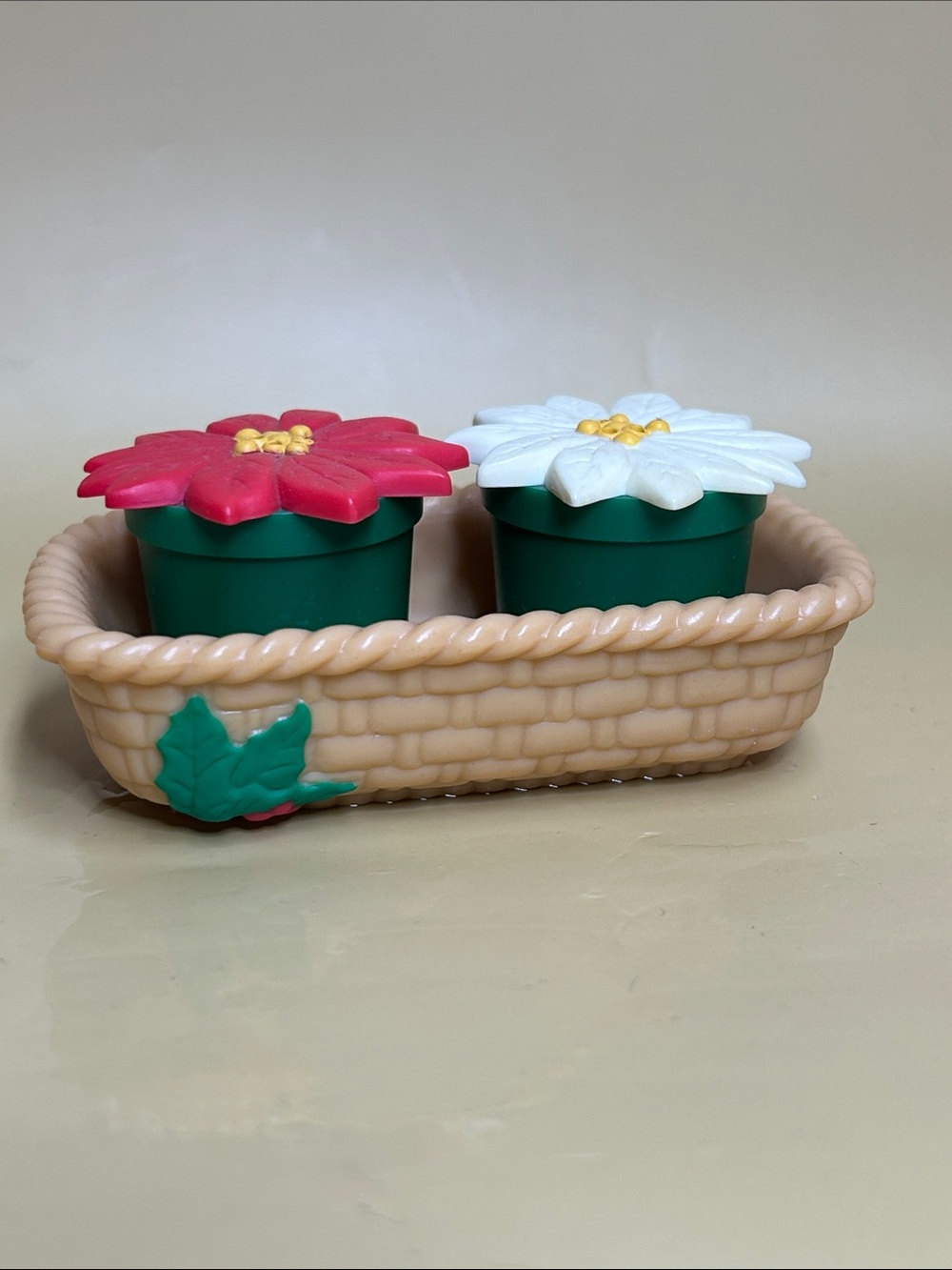 Vintage Plastic Red & White Poinsettia Flower Salt & Pepper Shaker Set in Basket
